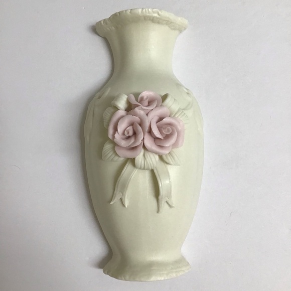 Bisque Wall Pocket Vase Pink Roses Cream Bisque Bows Ceramic Cottagecore Vintage - Picture 7 of 10